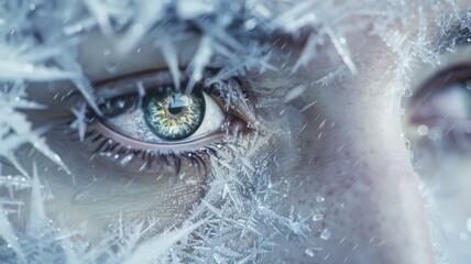 Detailed Macro Image of a Human Eye with Heavy Frosting and Delicate Ice Crystals on the Lashes