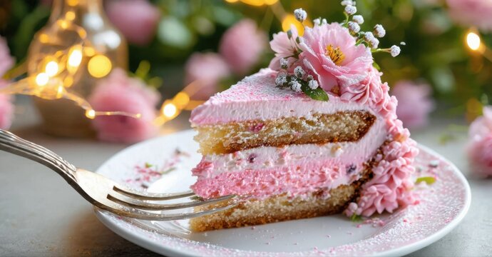 Pink cake slice presented on plate with fork. Floral decoration, soft lighting creates festive mood. Delicious dessert closeup.