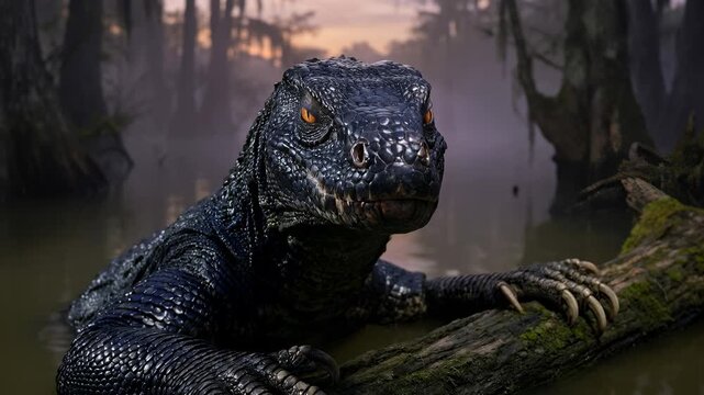 A large lizard climbs onto a log near water in a swamp. The sun sets behind the trees, creating shadows while the lizard watches its surroundings