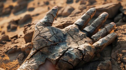 Conceptual Image of a Human Hand Covered in Cracked Dry Mud and Earth Resembling Stone
