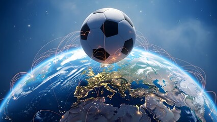 Naklejka premium Soccer ball emerging from water droplet with cityscape