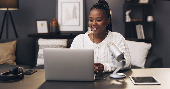 Reading, podcast and laptop with black woman in home for subscription, social media and brand endorsement. Content creation, microphone and broadcast editing with person in apartment for show