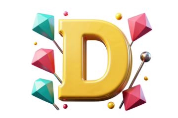 Golden letter D with colorful 3D shapes