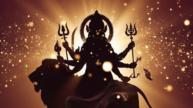 Goddess Durga Silhouette Divine Light Rays Smoke Particles