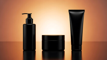 Obraz premium Black Cosmetic Bottles on Glass Surface with Warm Backlight