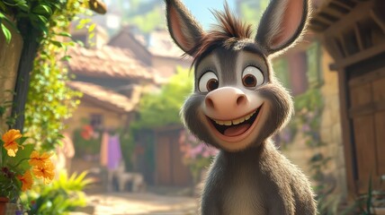 Cartoon art style, a donkey with exaggerated expressions and features, in a playful scene with bright colors and whimsical elements.