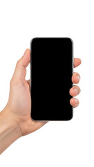 Hand holding smartphone isolated on transparent background