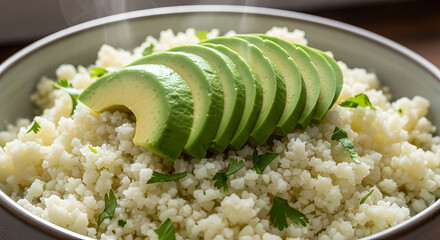 Freshly sliced avocado on cauliflower rice