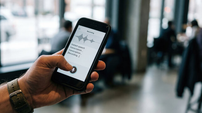 Voice Recording on Smartphone Displaying Speech to Text Technology in a Busy Cafe Setting