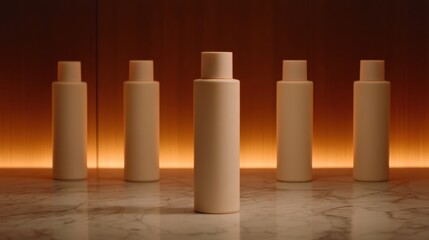 A minimalist display of cylindrical containers on a marble surface, illuminated by soft orange lighting, creating a serene and modern aesthetic.