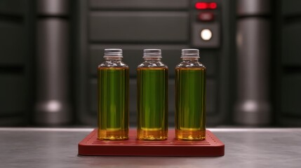 Three glass bottles filled with a green liquid are displayed on a red tray against a blurred, industrial background.