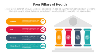 4 pillars of health infographic template banner with right pillars and round rectangle description box for slide presentation vector