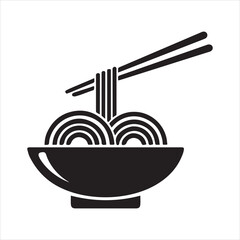 Minimalist black icon of oriental noodles in a serving bowl with chopsticks asian food concept