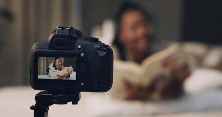 Camera, influencer and screen with recording in bedroom for content creation, reading book or web...