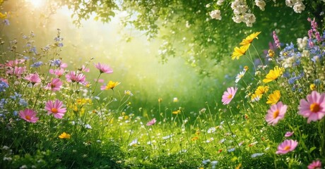 Obraz premium Lush meadow blooms, vibrant colors, sunlight filters through foliage. Peaceful scene evokes spring beauty, natural serenity.