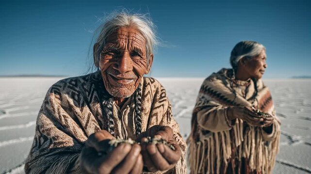 Elderly indigenous couple on salt lake. Senior man holds salt crystals. Older woman stands behind. Andean ponchos, harsh sunlight. Bolivia salt flats landscape.