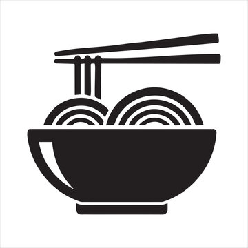 Simple icon of a ramen noodle bowl with chopsticks. Asian food vector silhouette for a restaurant logo.