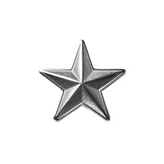 Obraz premium A singular five-pointed metallic star, rendered in a 3D style, against a stark black background