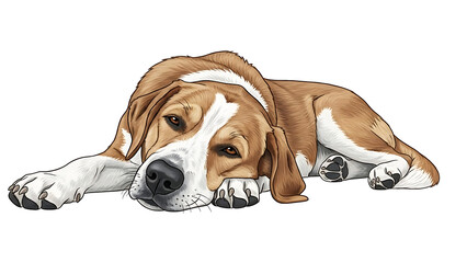 Brown and white dog lying on side isolated on a transparent background