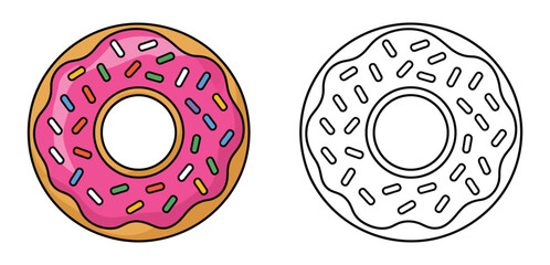 A colorful donut with pink frosting and sprinkles next to a black and white donut