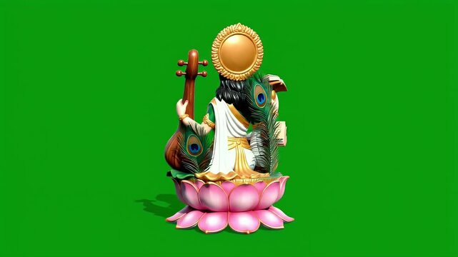 Saraswati Puja Rotating 3D Symbolic Element on Chroma Green Screen