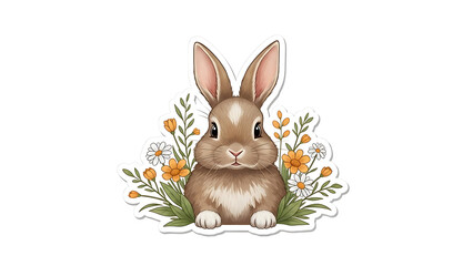 Cute brown bunny with flowers peeking out isolated on a transparent background