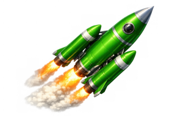 Green rocket spaceship taking off, showing engines with orange flames and white smoke, ready for space travel and exploration