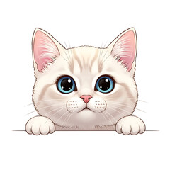 Cute illustrated cat with blue eyes and pink ears isolated on a transparent background
