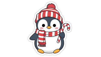 Cute penguin holding candy cane wearing red and white scarf isolated on a transparent background