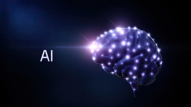 Futuristic depiction of an illuminated brain with digital connections, representing artificial intelligence, neural networks, and advanced technology concepts