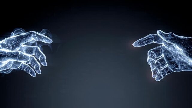 Digital Abstract Connection Between Two Glowing Blue Particle Hands