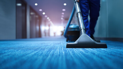Revitalizing Spaces: A detail shot of a professional worker vacuuming a long blue carpeted corridor in a modern building, demonstrating efficiency and commitment to cleanliness.