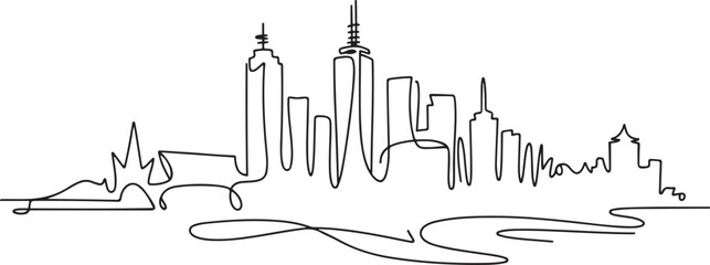 One continuous line drawing of Melbourne city skyline, Australia. Beautiful landmark. World landscape tourism and travel vacation. one line Icon drawing