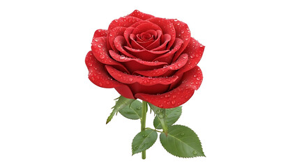 Red rose with water droplets and green leaves isolated on a transparent background