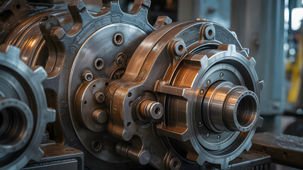 Close up on industrial heavy metal machinery with gears and bolts