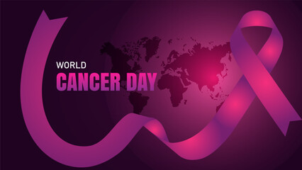World Cancer Day elegant pink ribbon illustration on a dark purple gradient background, promoting awareness and support for cancer research.