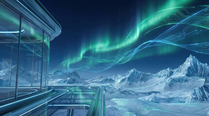 AI Agent overseeing a futuristic data stream aurora over a frozen mountain landscape, blending technology with nature