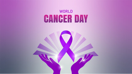 World Cancer Day illustration with purple ribbon and hands reaching upwards, symbol of hope and support