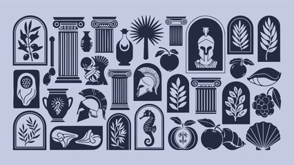 Collection of ancient Greek architectural elements and motifs in silhouette, including columns, vases, helmets, and nature symbols.