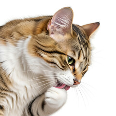 Tabby cat grooming itself with paw isolated on a transparent background