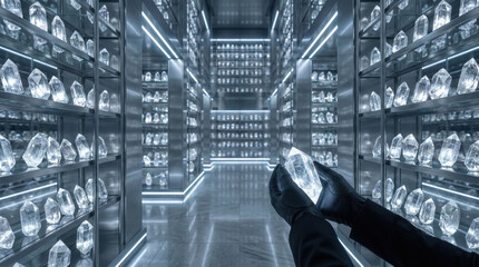 AI Agent: Gloved hands carefully hold a glowing data crystal in a futuristic server room, surrounded by shelves of illuminated crystal modules, symbolizing advanced AI processing and knowledge.