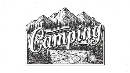 Vintage camping scene with mountains and tent isolated on a transparent background