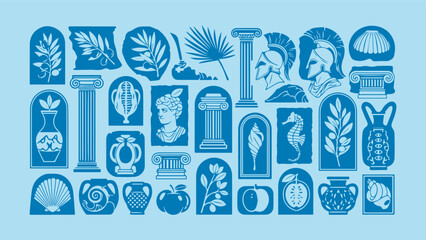 Vibrant blue set of ancient Greek ornamental icons, showcasing columns, statues, vases, shells, and botanical elements.