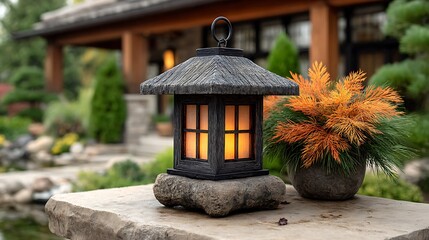 Illuminated traditional Japanese style stone lantern rests beside a vibrant orange and green potted plant on a flat rock surface outdoors.