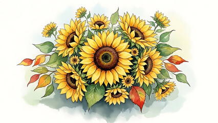 Vibrant watercolor sunflowers with green leaves isolated on a transparent background
