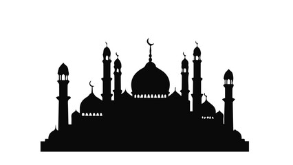 Striking black silhouette of a grand mosque with multiple domes and minarets against a clean white background, symbolizing Islamic architecture.