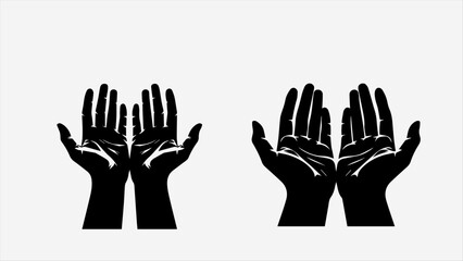 Two black silhouette illustrations of open praying hands, symbolizing faith, hope, and spiritual connection on a light grey background.