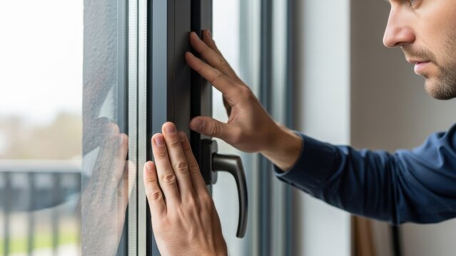 Man's hands closing a modern window, focusing on energy efficiency, home security, and comfort. Close-up of a person checking or adjusting a double-glazed window frame and handle.