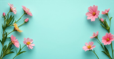 Fototapeta premium Pink cosmos flowers frame empty turquoise space. Delicate blooms, green stems create symmetrical border. Simple, clean aesthetic.