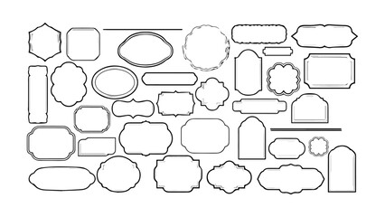Diverse collection of black and white outline frames and banners in various shapes and styles, ideal for labels and decorative elements.